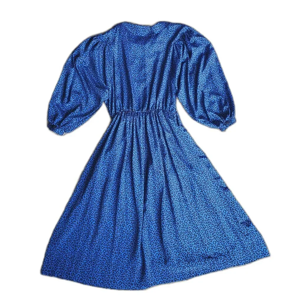 Vintage Tribute Blue Animal Print Dress Elastic Waist Long Sleeve Size M GUC - Picture 7 of 14